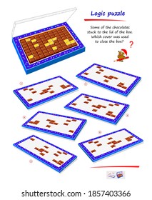 Logic puzzle game for smartest. Some of the chocolates stuck to the lid of the box. Which cover was used to close the box? Printable page for brain teaser book. IQ test. Play online.