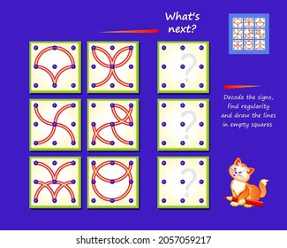 Logic puzzle game for smartest. What's next? Decode the signs, find regularity and draw the lines in empty squares. Page for brain teaser book. Play online. Developing spatial thinking skills.