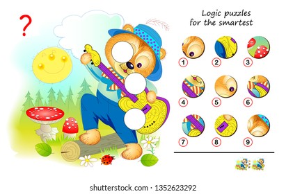 Logic puzzle game for smartest. Which 3 of 9 details are missing in the picture? Find the correct places. Printable page for brainteaser book. Developing spatial thinking. Vector cartoon image.
