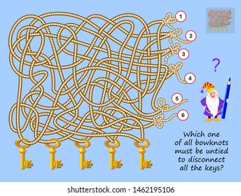 Logic puzzle game for smartest. Which one of all bow-knots must be untied to disconnect all the keys? Printable page for brain teaser book. Developing spatial thinking skills. Vector cartoon image.