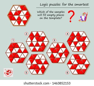 Logic puzzle game for smartest. Which of the samples will fill empty places on the template? Printable page for brainteaser book. Developing spatial thinking. Vector cartoon image.