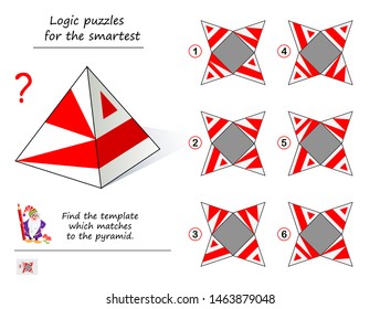 Logic puzzle game for smartest. From which sample can you install this pyramid? Printable page for brainteaser book. Need to find the template which matches to pyramid. Developing spatial thinking.