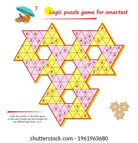 Logic puzzle game for smartest. Write the numbers in the empty spaces so that each triangle and each straight line has different signs from 1 to 9. Brain teaser book. Play online. IQ test.