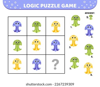 Logic puzzle game. Smiling jellyfish. Sea animal. For kids. Cartoon, flat, vector, eps 10