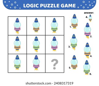 Logic puzzle game. Spaceship with fire. For kids. Cartoon, flat, vector, eps 10