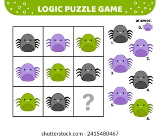 Logic puzzle game with spiders. Squishmallow. For kids. Cartoon, kawaii, vector eps 10