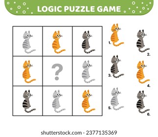 Logic puzzle game. Striped cat. For kids. Cartoon, flat, vector, eps 10