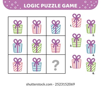 Logik-Puzzle-Spiel. Gestreifte Geschenke mit Schleifen. Für Kinder. Cartoon
