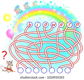 Logic puzzle game for study English. Need to find the correct places for the letters, write them in relevant circles and read the word. Vector cartoon image.