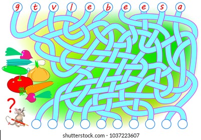 Logic puzzle game for study English. Need to find the correct places for the letters, write them in relevant circles and read the word. Vector cartoon image.