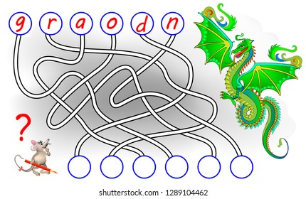 Logic puzzle game for study English. Find the correct places for letters, write them in relevant circles and read the word. Printable worksheet for textbook. Back to school. Vector cartoon image.