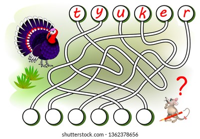 Logik-Puzzle-Spiel zum Englischlernen. Finden Sie die richtigen Orte für Buchstaben, schreiben Sie sie in relevante Kreise und lesen Sie das Wort. Druckbares Arbeitsblatt für das Lehrbuch. Zurück zur Schule. Vektorgrafik-Bild.