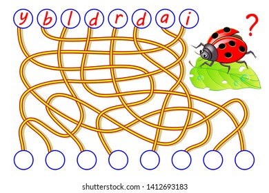 Logic puzzle game for study English with labyrinth. Find the correct places for letters, write them in relevant circles and read the word. Printable worksheet for kids textbook. Back to school. 