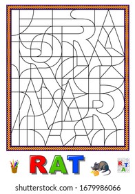 Juego de rompecabezas lógico para estudiar inglés o francés con laberinto. Encuentra cartas y póntelas. Lean la palabra.Libro de colorear para niños. Hoja de cálculo imprimible para los libros de texto escolares para niños.Imagen vectorial.