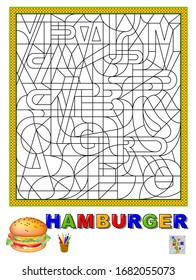 Logic puzzle game for study English, French or German languages with maze. Find letters, paint and read word. Coloring book for children. Printable worksheet for kids school textbook. Vector image.
