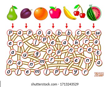 Logic puzzle game for study English with labyrinth. Find the way from each fruit and join letters so you can read the words. Printable worksheet for kids textbook. Exercise book. Back to school.