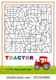 Logic puzzle game to study English or Spanish with maze. Find letters and paint them. Read the word. Coloring book for children. Printable worksheet for kids school textbook. Vector illustration.