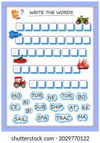 Logic puzzle game for study English. Collect words from clouds, find correct places for letters and write names of transportation. Study of syllables. Printable worksheet for kids textbook.