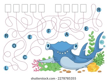 Logic puzzle game for study English. Need to find the correct places for the letters, write them in relevant circles and read the word. Labyrinth game. Coral reef vector. Shark cartoon