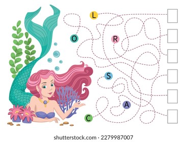 Logic puzzle game for study English. Need to find the correct places for the letters, write them in relevant circles and read the word. Mermaid Vector cartoon. Labyrinth game