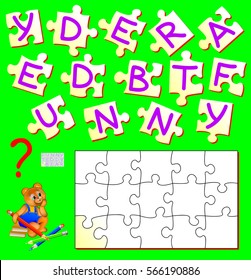 Logic puzzle game for study English. Need to find the correct place for each piece and to write the letters in empty places. Vector cartoon image.