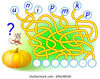 Logic puzzle game for study English. Need to find the correct places for the letters, write them in relevant circles and read the word. Vector cartoon image.