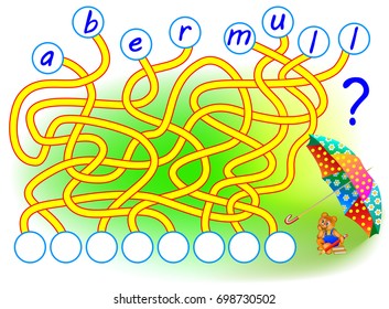 Juego de rompecabezas lógico para estudiar inglés. Necesita encontrar los lugares correctos para las letras, escribirlas en círculos relevantes y leer la palabra. Imagen vectorial de caricatura.