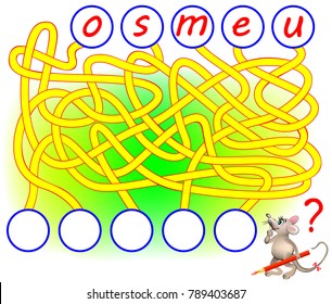 Logic puzzle game for study English. Need to find the correct places for the letters, write them in relevant circles and read the word. Vector cartoon image.