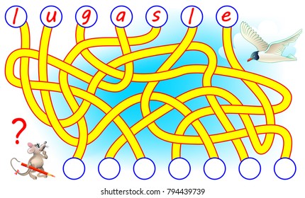 Logic puzzle game for study English. Need to find the correct places for the letters, write them in relevant circles and read the word. Vector cartoon image.