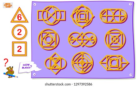 Logic puzzle game for study geometry. Find the figure which contains 6 triangles, 2 squares and 2 circles. Printable educational page for kids. Development children spatial thinking skills.