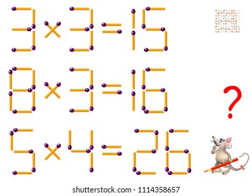 Logic puzzle game. Tasks on multiplication. In each exercise move one matchstick to make the equations balance. Vector image.
