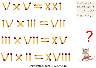 Logic puzzle game. Tasks on multiplication. In each exercise move one matchstick to make the equations balance. Vector image.