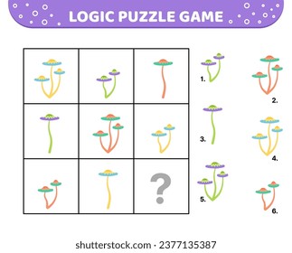 Juego de rompecabezas lógico. Toadstool, setas. Para los niños. Dibujo, plano, vector, eps 10