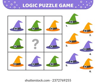 Logic puzzle game. Witch hat. Halloween. For kids. Cartoon, flat, vector, eps 10