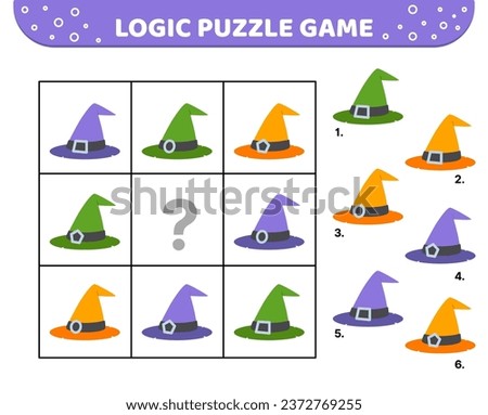 Logic puzzle game. Witch hat. Halloween. For kids. Cartoon, flat, vector, eps 10