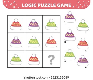Juego de puzzle de lógica. Sombreros de lana con pompones. Para los niños. Dibujos animados