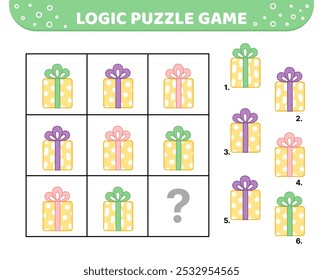 Logic puzzle game. Yellow gift boxes with bows. For kids. Cartoon, vector, eps 10
