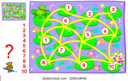 Logic puzzle game for young children and labyrinth  Draw path for the frog to connect numbers from 1 to 10  Developing skills for counting  Vector image 