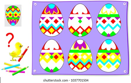 Logic puzzle game for young children. Need to paint white places so all the eggs will be identical. Vector cartoon image.