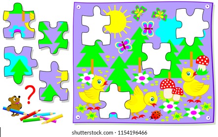 Logic puzzle game for young children. Need to find missing pieces of picture and draw them in correct places. Vector cartoon image.