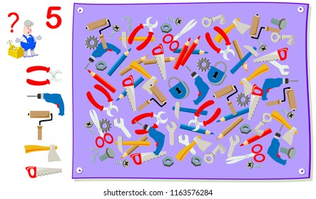 Logic puzzle game for young children. Help the worker to find his tools scattered in the picture. Need to search each instrument five times. Developing skills for counting. Vector cartoon image.