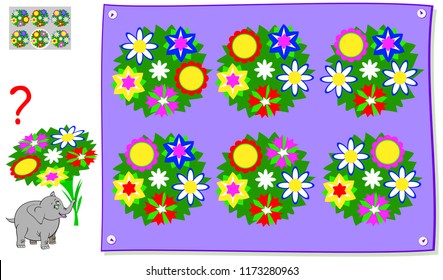 Logic puzzle game for young children. Need to find the correct view of bouquet from top. Vector cartoon image.