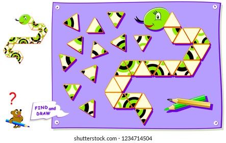 Logic puzzle game for young children. Need to find the place for all triangles and draw them correctly. Development of spatial thinking skills. Vector cartoon image.