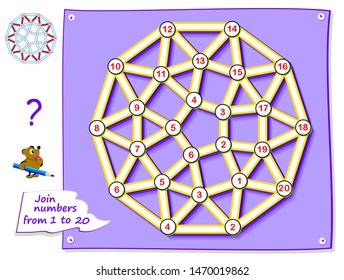 Logic puzzle game for young children with labyrinth. Trace the line and draw the magic star connecting numbers from 1 to 20. Worksheet for kids school textbook. Developing counting skills.