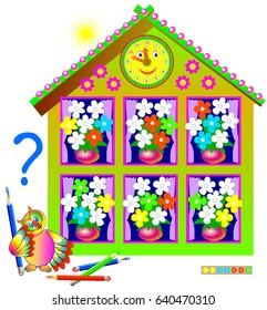Logic puzzle game for young children. Paint the white flowers so that each bouquet will contain the same set. Vector image.