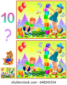 Logic puzzle game for young children. Need to find ten differences. Developing skills for counting. Vector cartoon image.