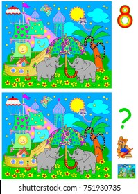 Logic puzzle game for young children. Need to find 8 differences. Developing skills for counting. Vector cartoon image.