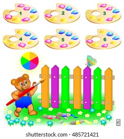 Logic puzzle. Help the bear paint the fence. Choose two correct palettes. For each plank you need to mix 2 color heaps. Vector cartoon image.
