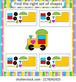 Logic puzzle for kids. Find the correct set of steam train. Preschool worksheet activity. Vector illustration. 