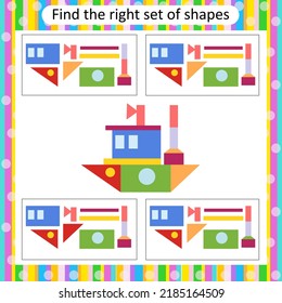 Logic puzzle for kids. Find the correct set of boat. Preschool worksheet activity. Vector illustration.